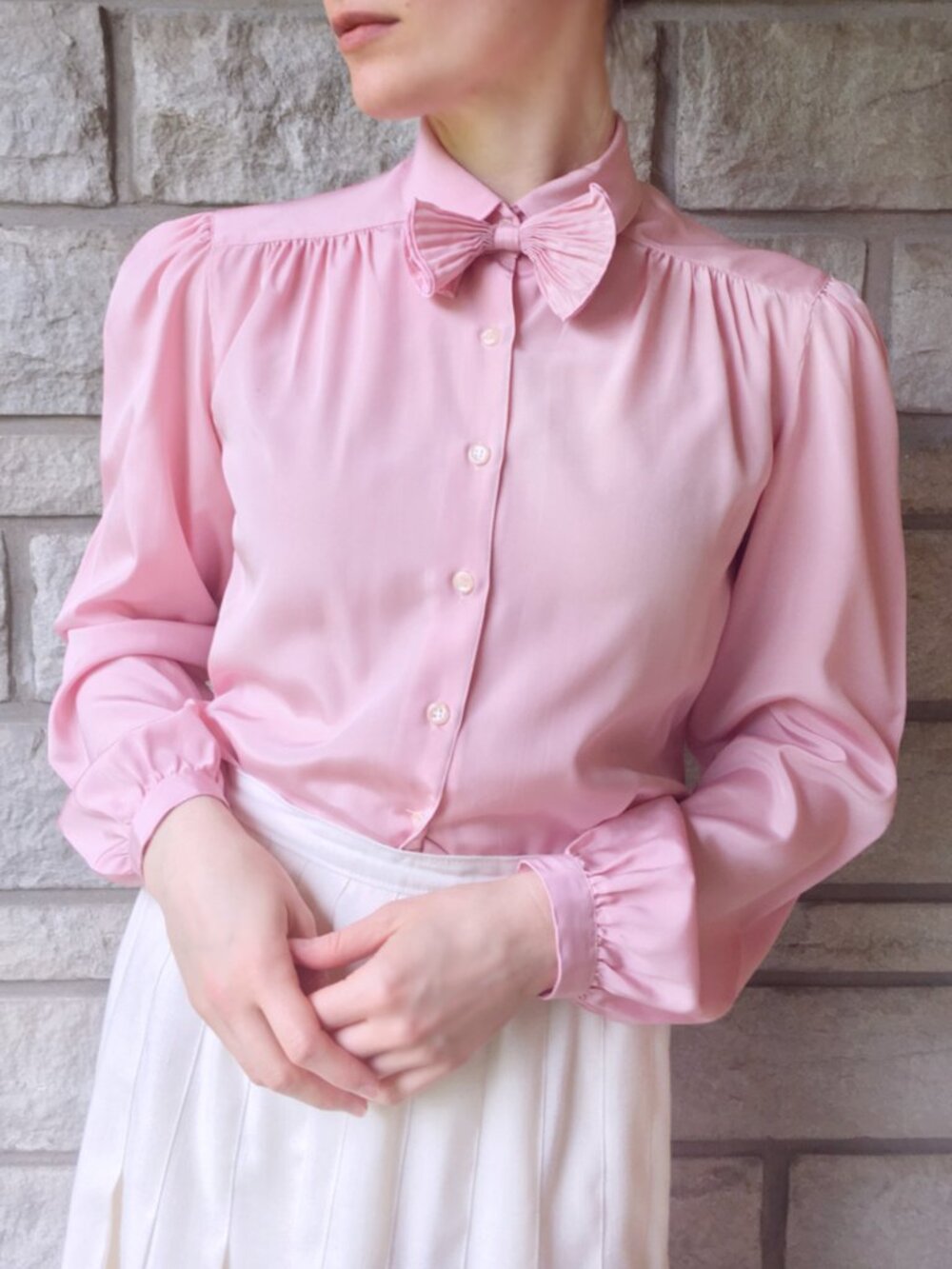 Vintage Pink Bow Tie Button Down Blouse